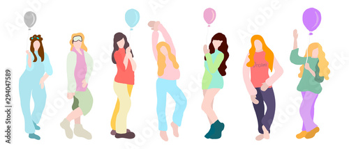Young happy girls wearing pajamas and with balloons. concept for pajama party or sleepovers. Colorful vector illustration. isolated girls figures on white background 