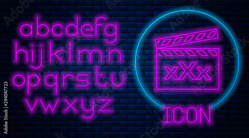 Glowing neon Movie clapper with inscription XXX icon isolated on brick wall background. Age restriction symbol. 18 plus content sign. Adult channel. Neon light alphabet. Vector Illustration