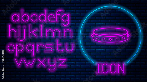 Glowing neon Leather fetish collar with metal spikes on surface icon isolated on brick wall background. Fetish accessory. Sex toy for men and woman. Neon light alphabet. Vector Illustration