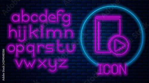 Glowing neon Audio book icon isolated on brick wall background. Play button and book. Audio guide sign. Online learning concept. Neon light alphabet. Vector Illustration