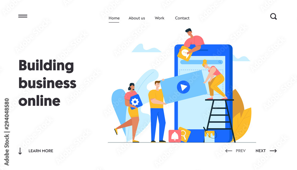 Designers Develop Application for Mobile Phone Website Landing Page. Business People Creative Team Putting App Icons on Huge Smartphone Screen Teamwork Web Page Banner Cartoon Flat Vector Illustration