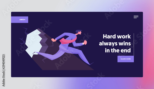 Overcoming Difficulties in Career Website Landing Page. Businessman Running Through Hole in Wall with Sun Light Falling on Floor. Business Solution Web Page Banner. Cartoon Flat Vector Illustration