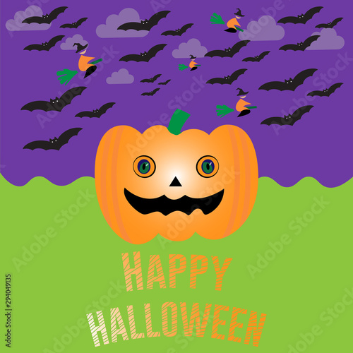 Vector horror cartoon illustration background, poster card for Halloween holiday event celebration, pumpkin on hill, bats and witches fly on the dark sky, happy halloween day !