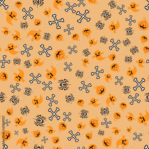 vector illustration texture and repeated pattern design for Halloween event celebration. a happy pumpkins, spider and scary ghosts then some bones celebrate in october, happy halloween day !