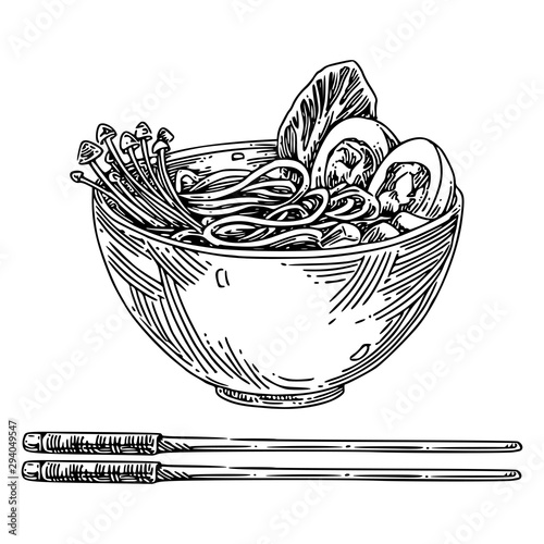 A bowl of Chinese soup ramen and chopsticks. Sketch. Engraving style. Vector illustration.