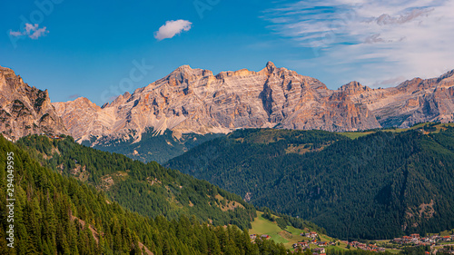 Panoramic view of magical Dolomite peaks, forests, valleys at Autumn, South Tyrol, Italy