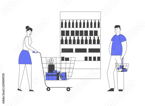 Happy Couple Making Purchases in Store. Woman with Shopping Trolley Man Hold Basket Stand at Products Shelf, Family Buy Food on Weekend Visiting Supermarket Cartoon Flat Vector Illustration, Line Art