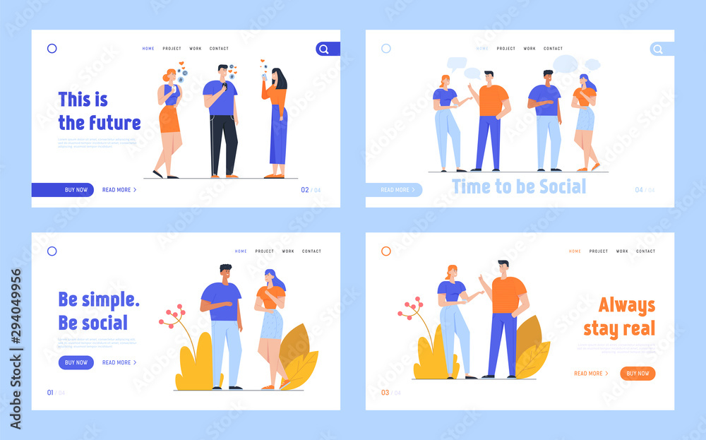 Smm Social Media Networking and People Communication Website Landing Page Set. Male and Female Characters Talking and Chatting Using Mobile Phones Web Page Banner. Cartoon Flat Vector Illustration