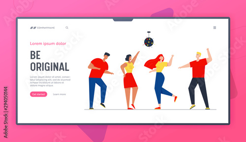 Happy People Clubbing Dancing Disco at Night Club Music Party Website Landing Page. Characters Dance at Nightclub, Nightlife Event under Stroboscope Web Page Banner. Cartoon Flat Vector Illustration