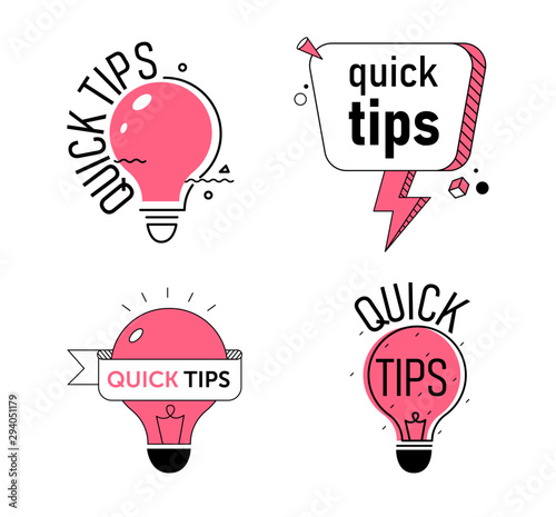 Quick Tips, Helpful Tricks Banners Set Isolated on White Background. Icons of Solution. Pink Light Bulbs and Speech Bubble with Text. Cartoon Flat Vector Illustration in Line Art Style, Clip Art