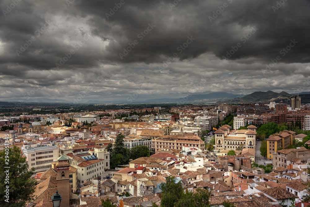 city of granada from albicin quarter, aerial withe of granada from albicin quarter during a cloudy day