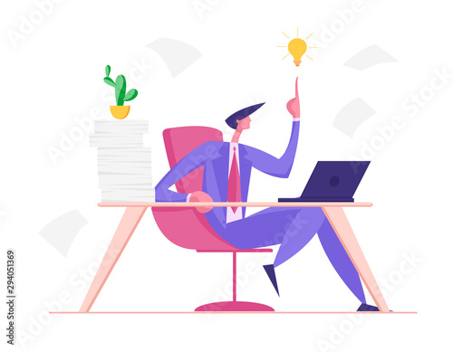 Creative Businessman Having Good Idea. Business Man Sitting at Table with Much Work Pointing on Glowing Light Bulb above of his Head. Overloaded Office Worker Insight Cartoon Flat Vector Illustration