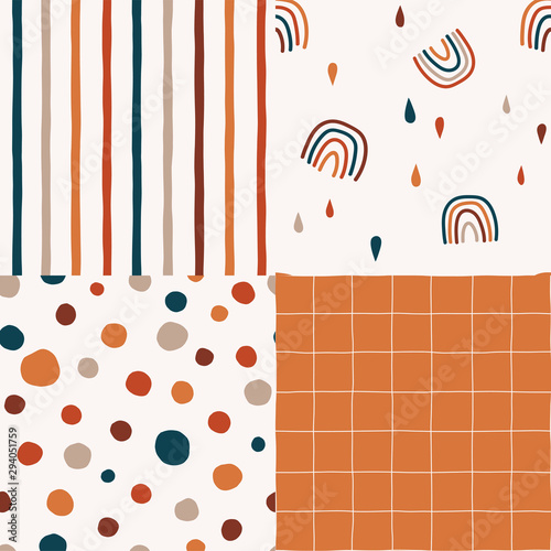 Abstract hand drawn seamless patterns set. Colorful uneven geometric shapes doodle drawings pack. Rainbows, circles, lines backgrounds. Decorative textile, wallpaper, wrapping paper design idea