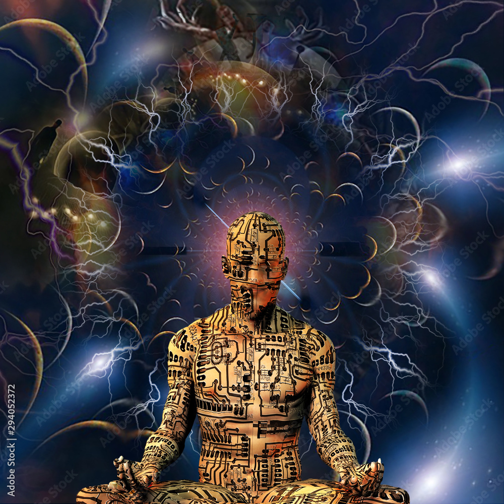 Cyborg Meditation. Droid in lotus pose in endless space Cyborg Meditation. Droid in lotus pose in endless space