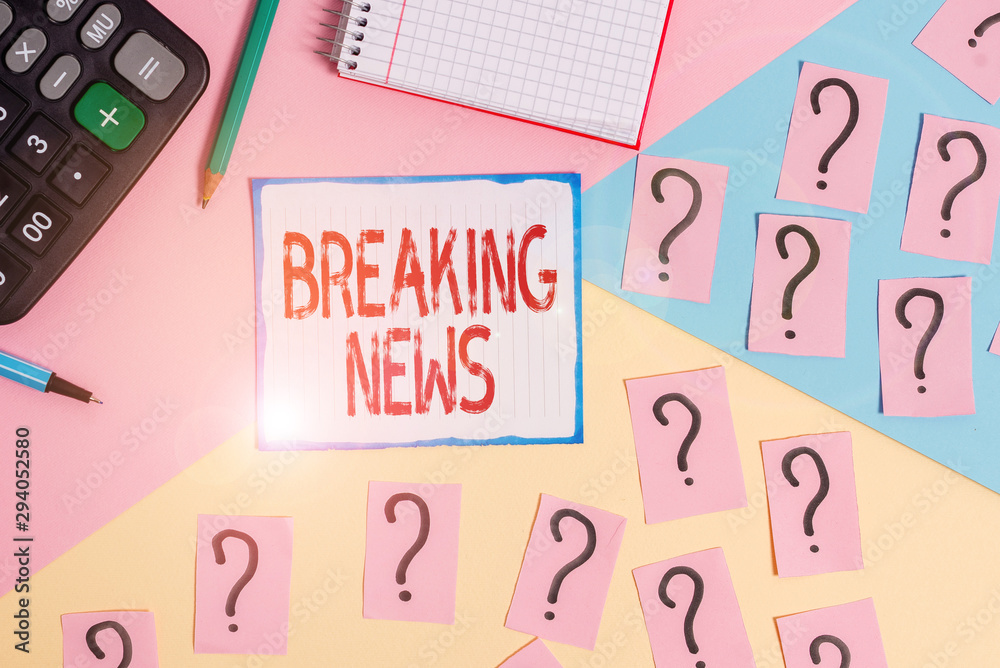 Writing note showing Breaking News. Business concept for Special Report Announcement Happening Current Issue Flashnews Mathematics stuff and writing equipment above pastel colours background