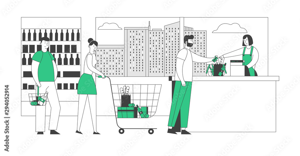 Customers Stand in Line at Grocery or Supermarket Turn with Goods in Shopping Trolley Put Buys on Cashier Desk for Paying. Purchases Sale, Queue in Store Cartoon Flat Vector Illustration, Line Art Customers Stand in Line at Grocery or Supermarket Turn with Goods in Shopping Trolley Put Buys on Cashier Desk for Paying. Purchases Sale, Queue in Store Cartoon Flat Vector Illustration, Line Art