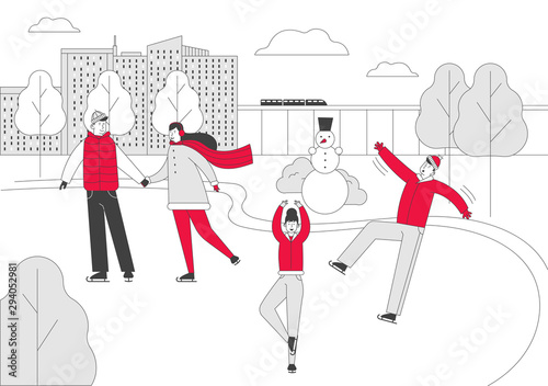 Winter Holidays Festive Season Family Spare Time. Happy People Wearing Warm Clothes Skating. Skaters on City Park Ice Rink Winter Activities and Sports. Cartoon Flat Vector Illustration, Line Art
