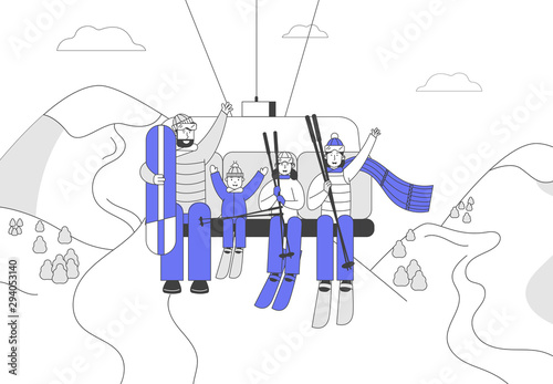 Happy Family with Skiing and Skateboarding Equipment Rise to Ski Lift Elevator. Parents and Kids Go Up Hill on Cable Rope Funicular with Skis and Snowboard. Cartoon Flat Vector Illustration, Line Art