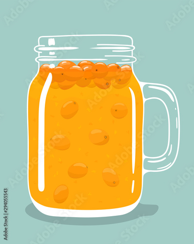 Fresh hot sea buckthorn tea drink with berries in glass vintage mason jar. Healthy natural delicious fruit hot beverage. Vector illustration.