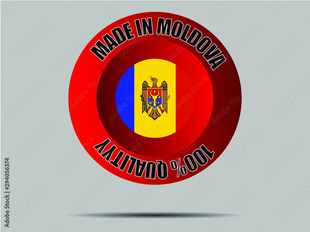 Moldova National flag inside Big red made in button. Original color and proportion. vector illustration, from world countries set. Isolated on gray background Moldova National flag inside Big red made in button. Original color and proportion. vector illustration, from world countries set. Isolated on gray background