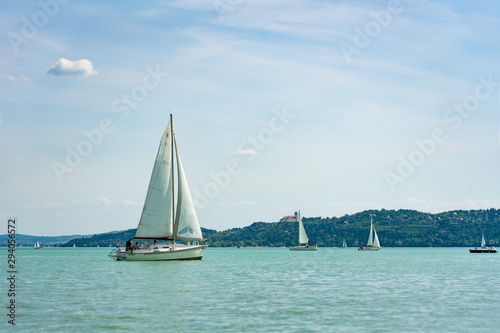 sail boat on the lake view of Tihany from Balatonfüred photo