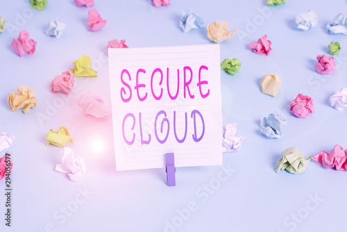 Conceptual hand writing showing Secure Cloud. Concept meaning Protect the stored information safe Controlled technology Colored crumpled papers empty reminder blue floor clothespin © Artur