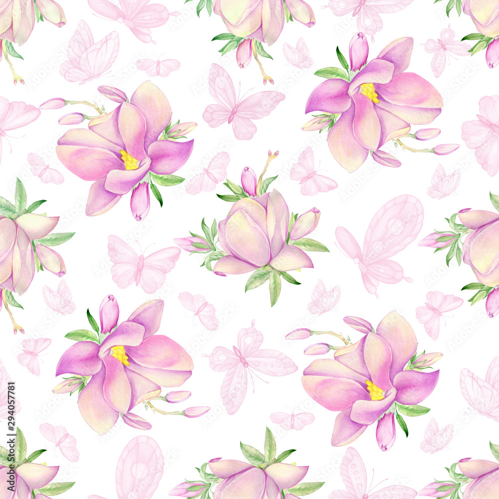 Watercolor seamless pattern. Butterflies and Magnolia flowers. isolated background.