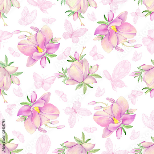 Watercolor seamless pattern. Butterflies and Magnolia flowers. isolated background.