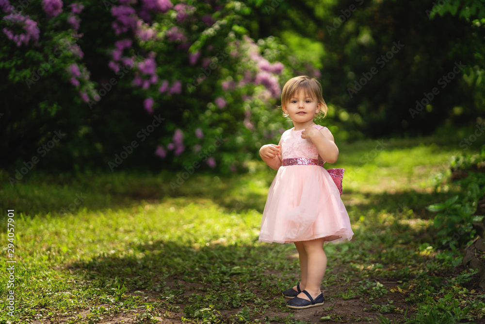spring portrait of cute little toddler girl in pink dress walking in blooming park or garden spring portrait of cute little toddler girl in pink dress walking in blooming park or garden