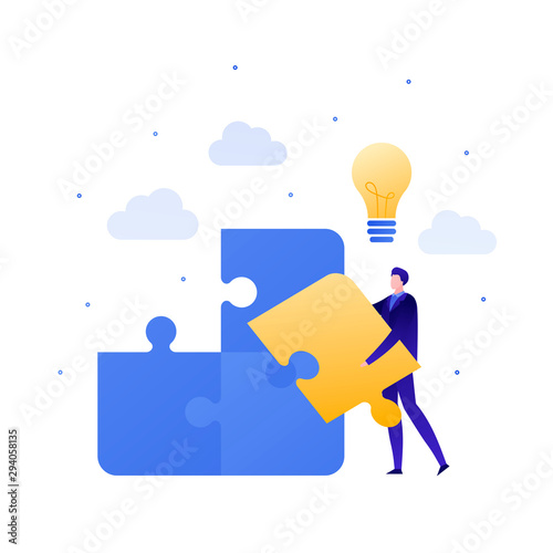 Vector flat business puzzle person illustration. Male holding piece and light bubble sign on white. Concept of brainstorming, ideas, strategy. Design element for banner, poster, infographic, web.