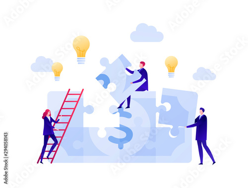 Vector flat business puzzle person illustration. Businessman team light bubble and dollar signs. Concept of finance teamwork, ideas, strategy. Design element for banner, poster, infographic, web.