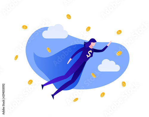 Vector flat business hero people illustration. Female wonder woman flying in money rain with dollar sign isolated on blue sky background. Design element for banner, poster, web, inforgraphics.