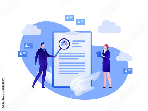 Vector flat business human resources people illustration. Businessman and businesswoman team looking at cv paper document. Concept of hr audit. Design element for banner, poster, infographics