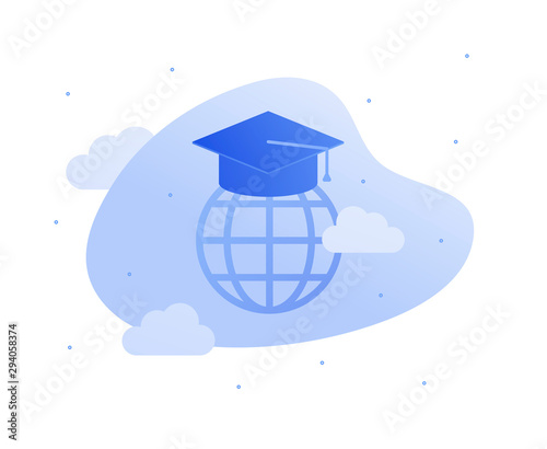 Vector flat global education illustration. Planet icon with magister hat and cloud on blue background. Concept of worldwide access to study. Design element for banner, poster, university infographic