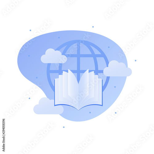 Vector flat global education illustration. Planet earth icon with book and cloud on blue sky background. Concept of worldwide access to study. Design element for banner, poster, university infographic