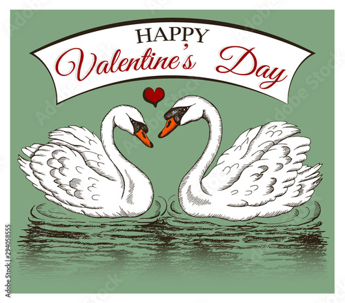 Vector illustration of sketch hand drawn poster Happy Valentine's Day with sketch wild white swans couple isolated in green background. Heart shape swan bird, reflection on water, romantic card.