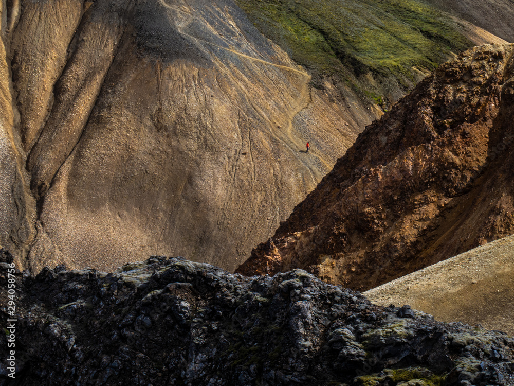 Climber on the mountain trail. Landmannalaugar