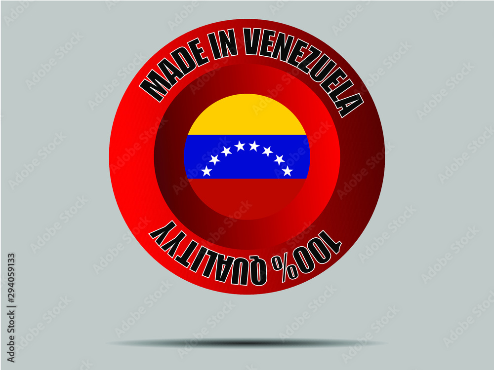 Venezuela National flag inside Big red made in button. Original color and proportion. vector illustration, from world countries set. Isolated on gray background