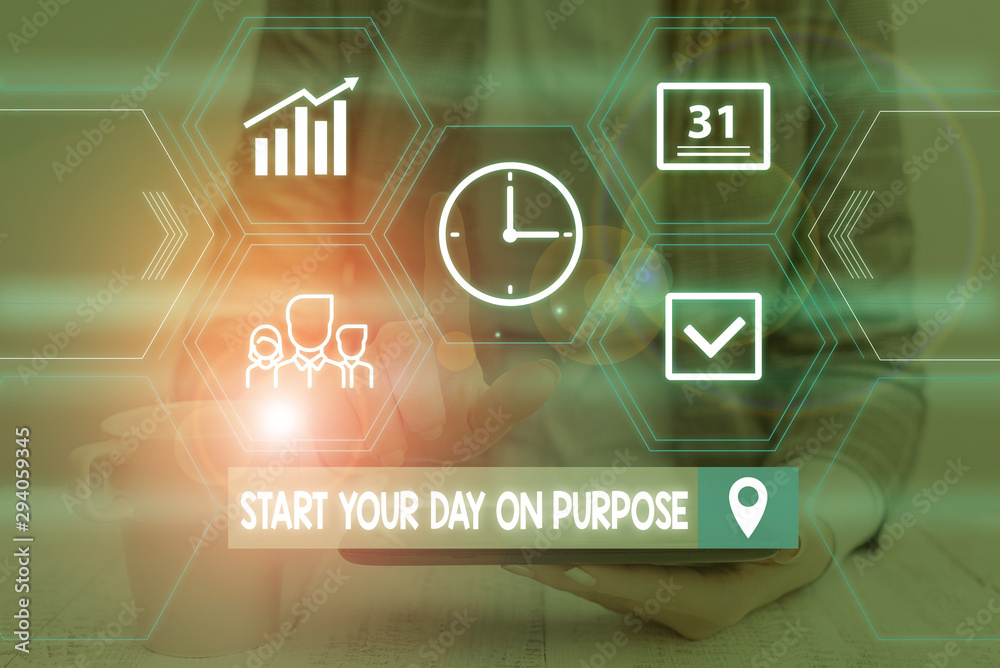 Word writing text Start Your Day On Purpose. Business photo showcasing Have clean ideas of what you are going to do Woman wear formal work suit presenting presentation using smart device Word writing text Start Your Day On Purpose. Business photo showcasing Have clean ideas of what you are going to do Woman wear formal work suit presenting presentation using smart device