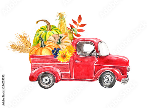Watercolor autumn harvest truck. Hand painted red vintage car with orange pum...