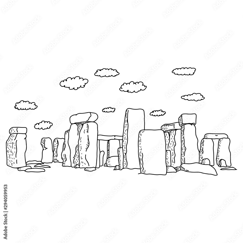 Obraz premium stonehenge with clouds vector illustration sketch doodle hand drawn with black lines isolated on white background. Travel and tourism concept.