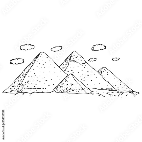 Egypt pyramids vector illustration sketch doodle hand drawn with black lines isolated on white background. Travel and Tourism Concept.