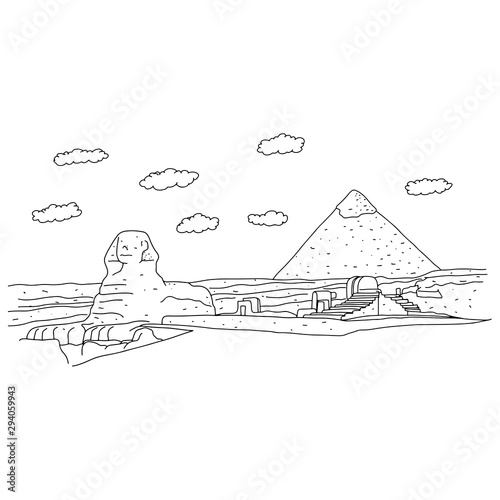 sphinx and pyramids at Giza of Egypt vector illustration sketch doodle hand drawn with black lines isolated on white background. Travel and tourism concept.