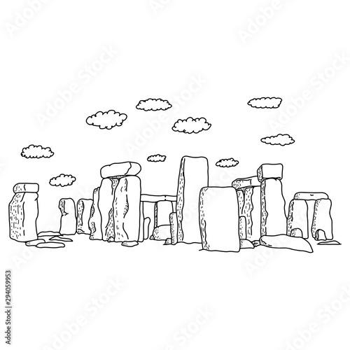 stonehenge with clouds vector illustration sketch doodle hand drawn with black lines isolated on white background. Travel and tourism concept.