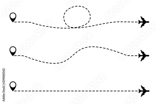 Airplane travel track with GPS point. Line path icon. Flight start point, tourism way – vector