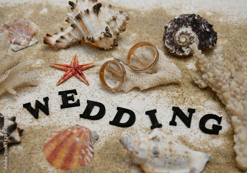 A writing „Wedding“, two wedding rings lying on a coral branch, two other coral branches, a starfish, six cockleshells & sand around photo