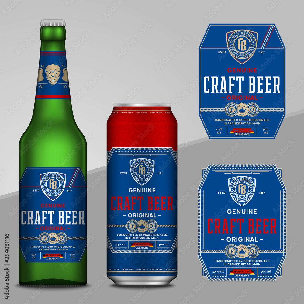 Vector blue and red beer labels. Realistic aluminum can and glass