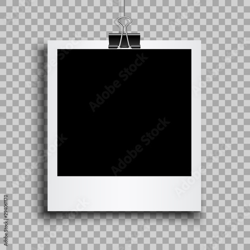 Empty black photo frame with shadows hung on a binder - stock vector