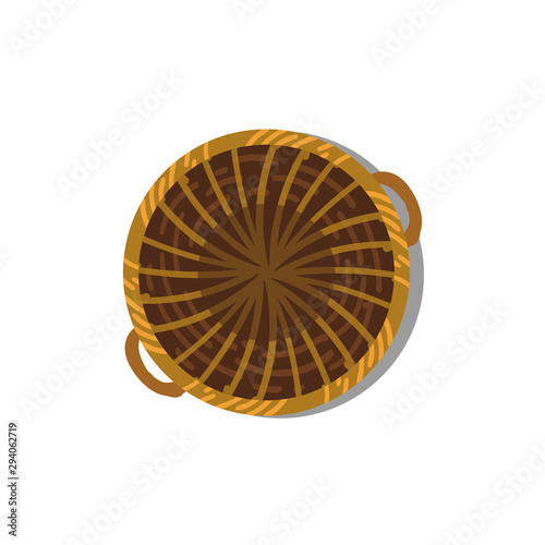 straw weaving picnic basket.oval, round basket top view. vector illustration