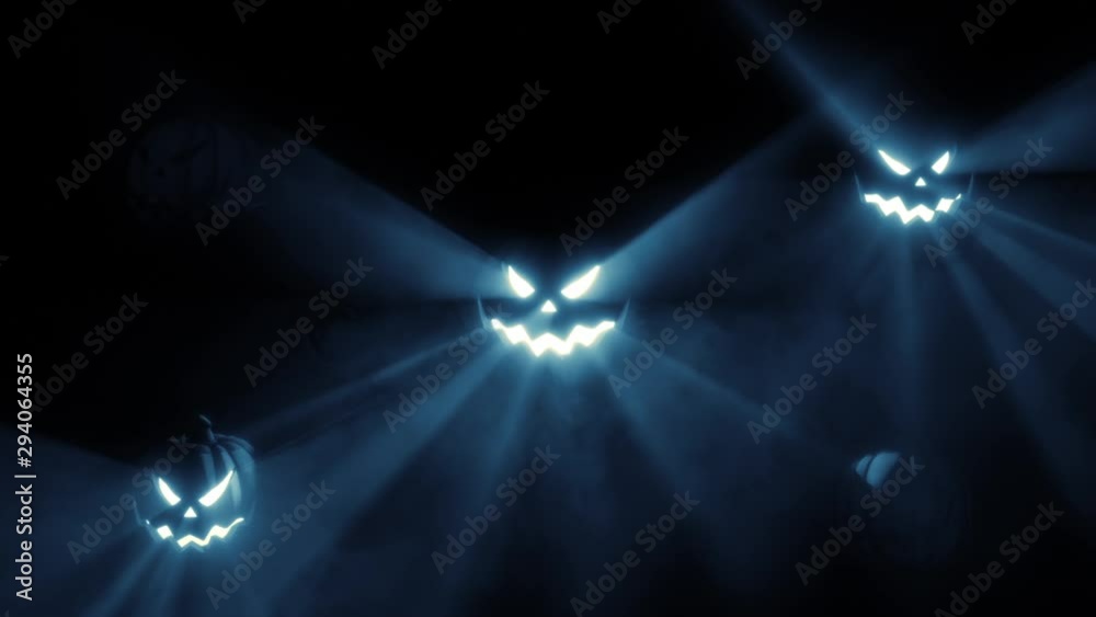 Pumpkins with head move and blue volumetric foggy light animated on the beat, seamless loop halloween light show vj clip.